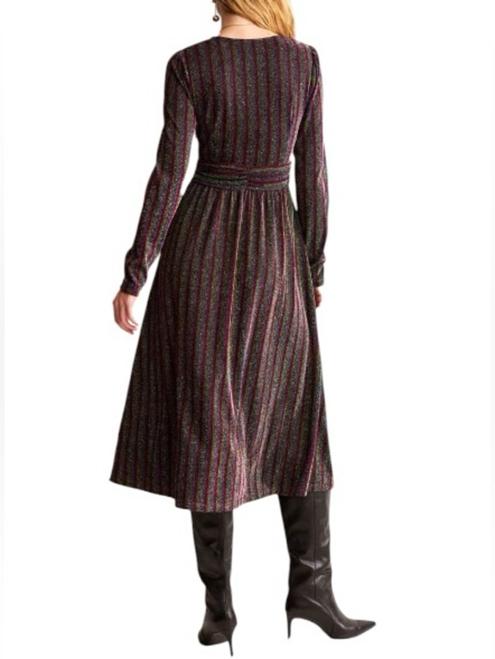 Boden Shimmer Glitter Long Sleeve Stripe Midi Dress Red‎ Black Green Size 8 - Picture 2 of 12